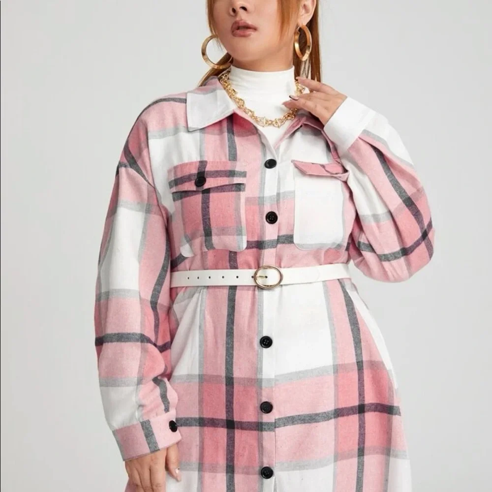 Plus Size Plaid Pocket Light Jacket Shacket Long Shirt Green BELT NOT INCLUDED - Picture 9 of 16
